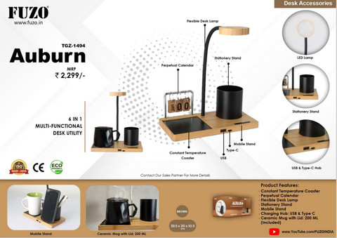 Auburn - 6 in 1: Multi-Functional Bamboo Desk Utility