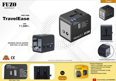 TravelEase Universal Travel Adapter with Type C & USB Ports