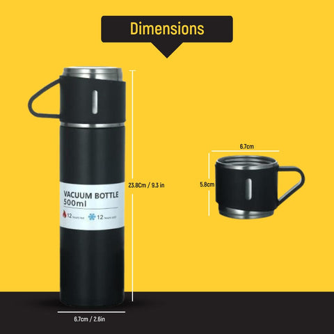Dimensions - Vacuum Flask with 2 cup set for hold and cold drinks. Best for Travel purposes