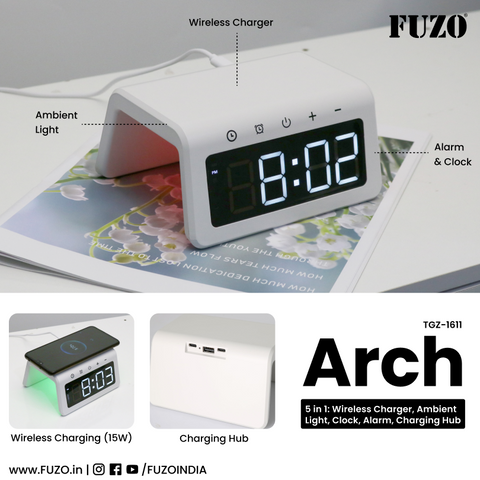 Arch - 5 in 1: Wireless Charger, Ambient Light, Large Display Clock, Alarm, Charging Hub