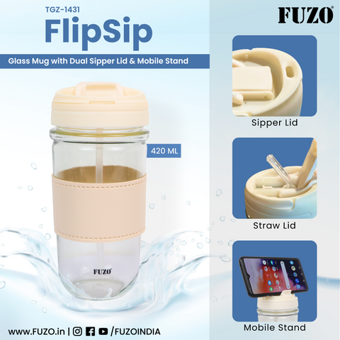 FlipSip  Glass Mug with Dual Sipper Lid & Mobile Stand