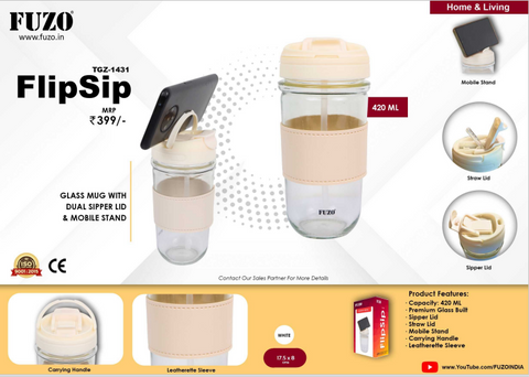 FlipSip  Glass Mug with Dual Sipper Lid & Mobile Stand