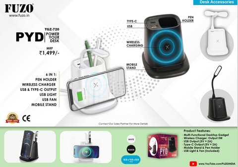 PYD (Power Your Desk)  6 in 1: Pen Holder | Wireless Charger | USB & Type C Hub | USB Light | USB Fan | Mobile Stand