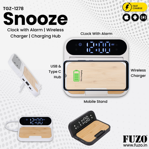 Snooze  Clock with Alarm | Wireless Charger | Charging Hub