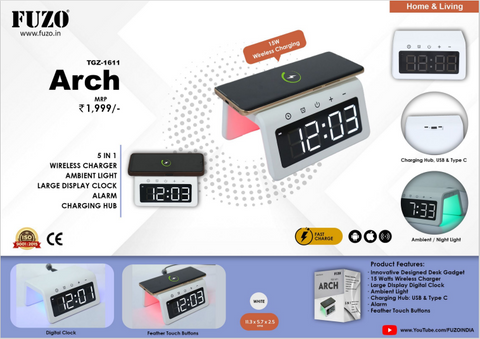 Arch - 5 in 1: Wireless Charger, Ambient Light, Large Display Clock, Alarm, Charging Hub