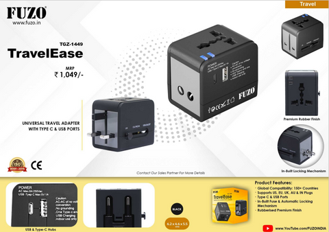 TravelEase  Universal Travel Adapter with Type C & USB Ports